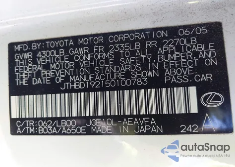 2005 Lexus Is 300 from USA, damaged, VIN JTHBD192150100783